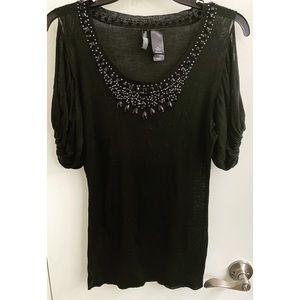 Bison Bisou Beaded Cold Shoulder Black Top L